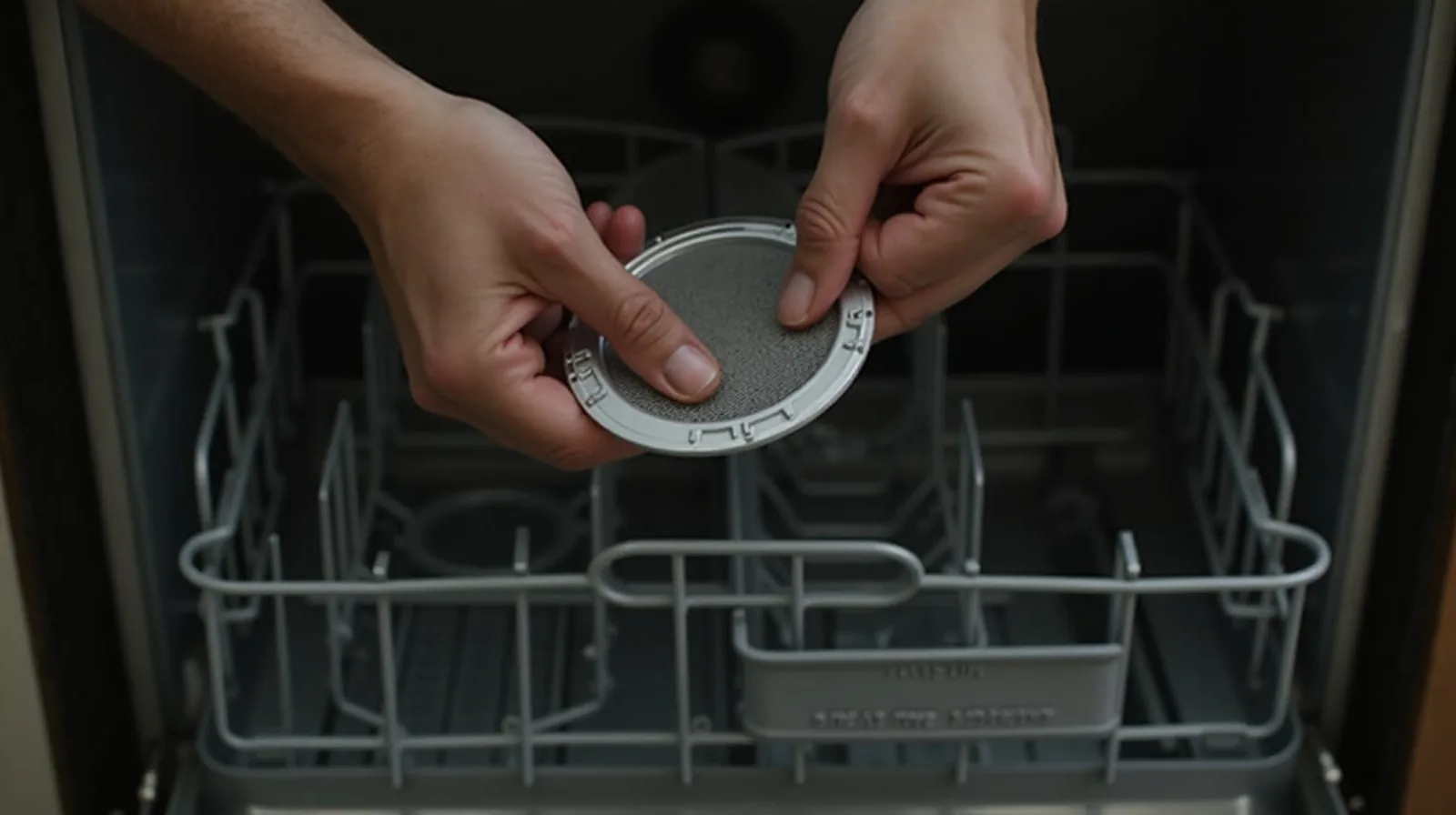 Two hands lifting the cylindrical filter out of the bottom of an open dishwasher