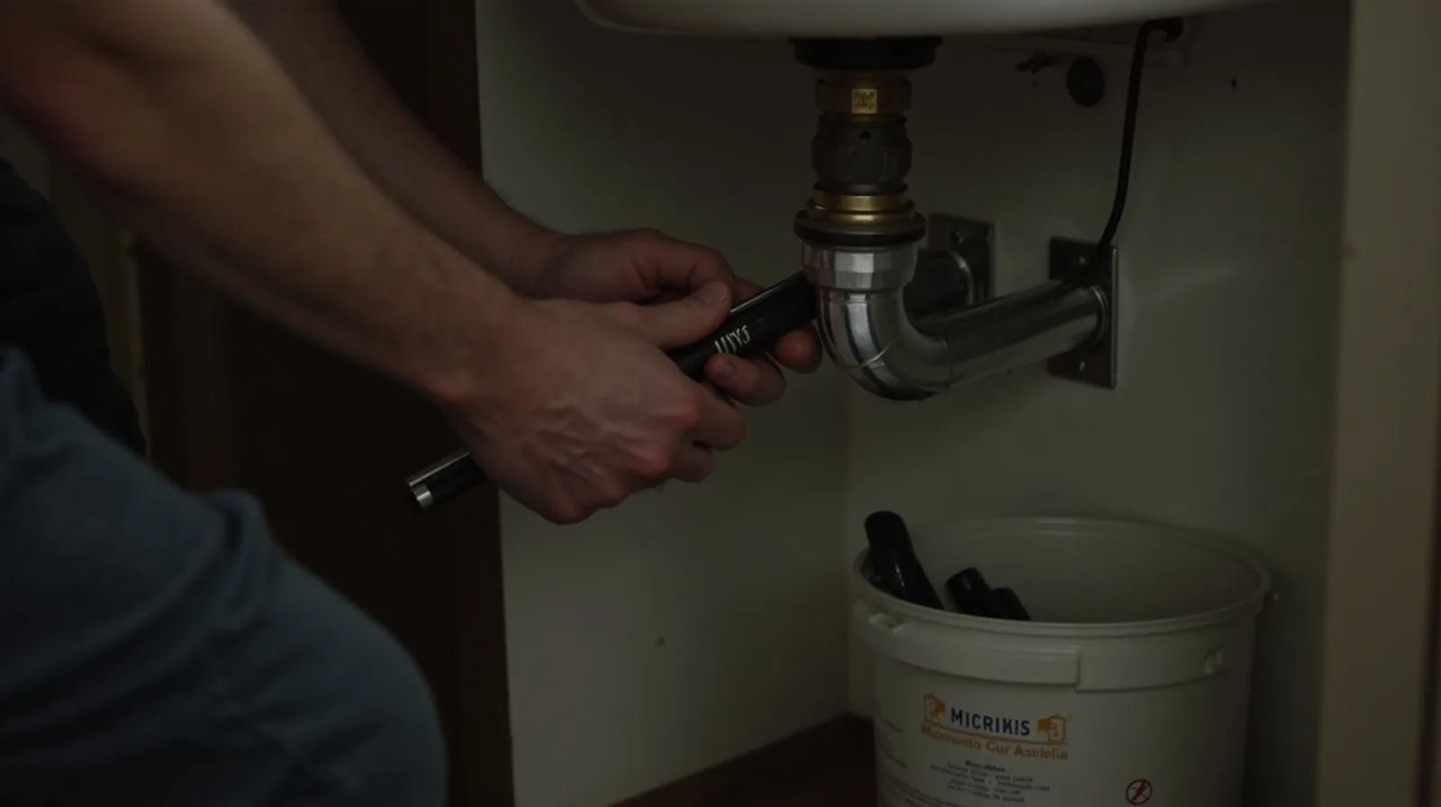 A close-up of hands using a wrench under a sink to tighten a fitting during a home repair