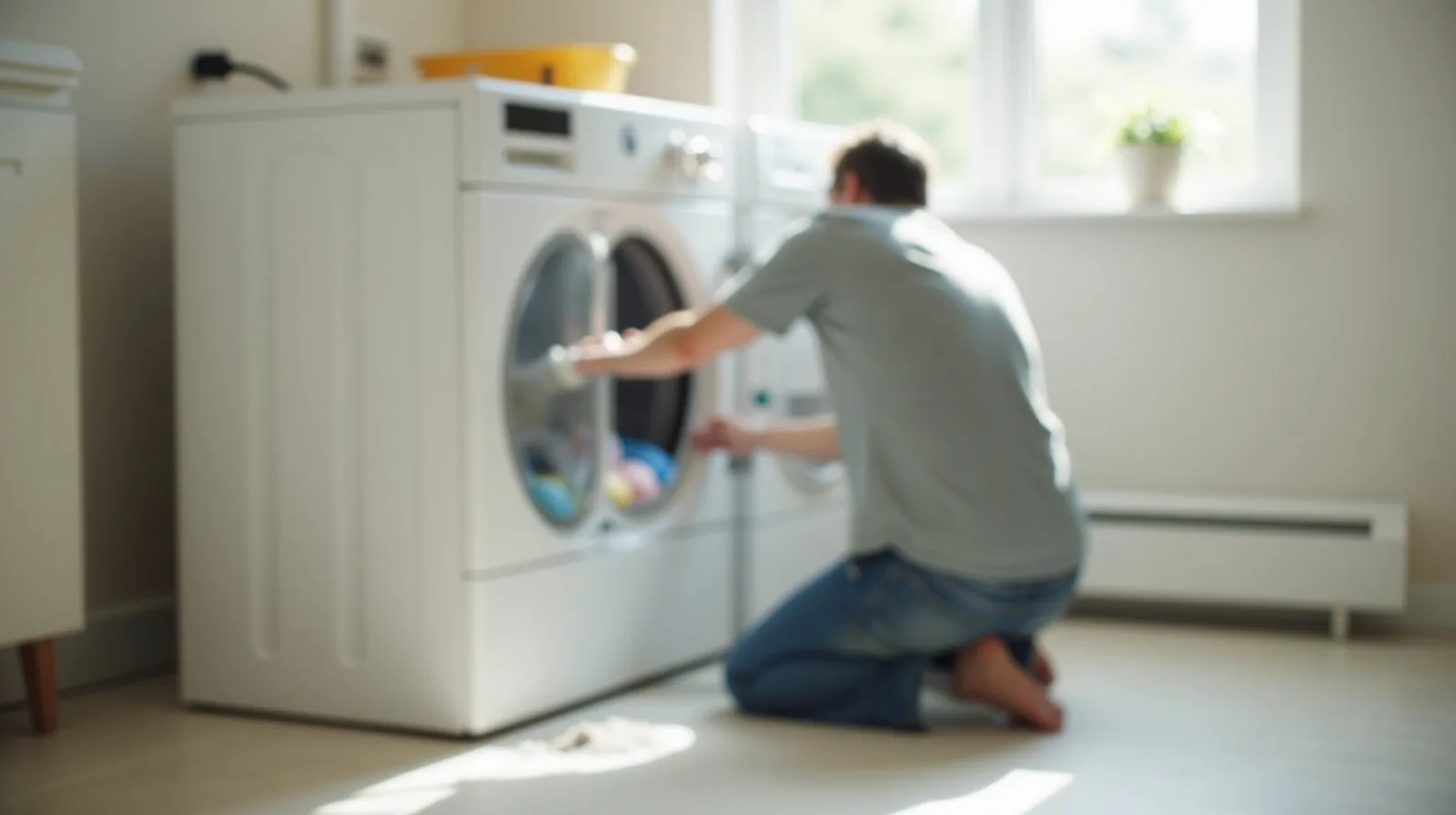 A person kneeling behind a dryer pulled away from the wall, both hands disconnecting the flexible exhaust duct as loose gray lint gathers on the floor nearby, bright daylight in a laundry room