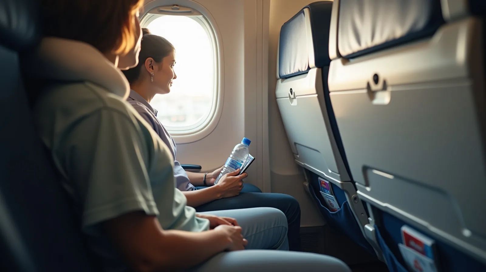 A passenger seen from behind settled into an economy window seat wearing a neck pillow, with a tidy seat-back pocket and a water bottle