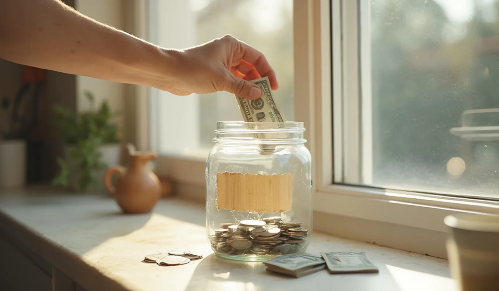 A hand dropping coins and a folded bill into a large glass jar with a handwritten masking-tape label, sitting on a bright kitchen windowsill