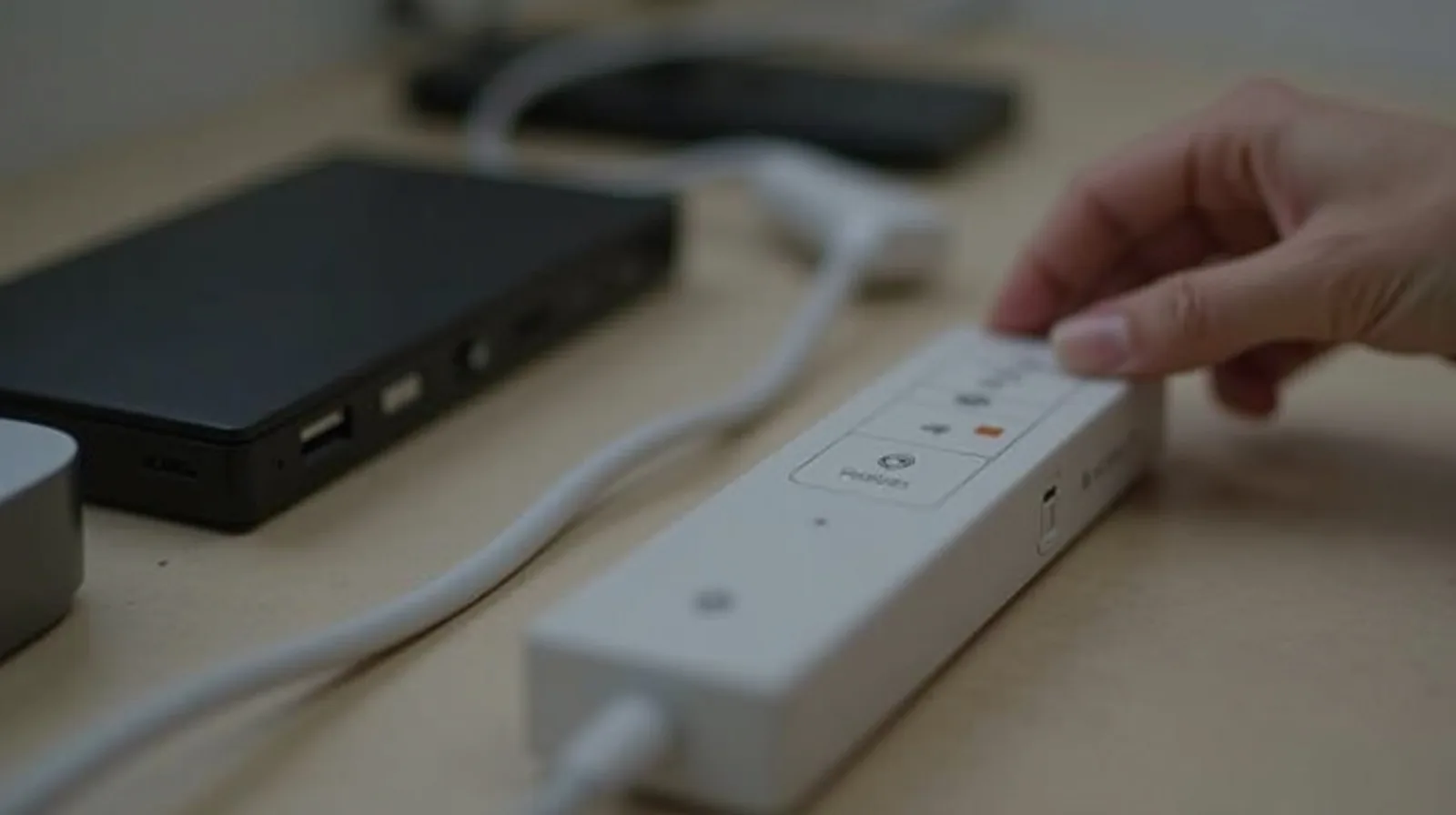 A close-up of a smart plug and a switched power strip beside a cluster of electronics