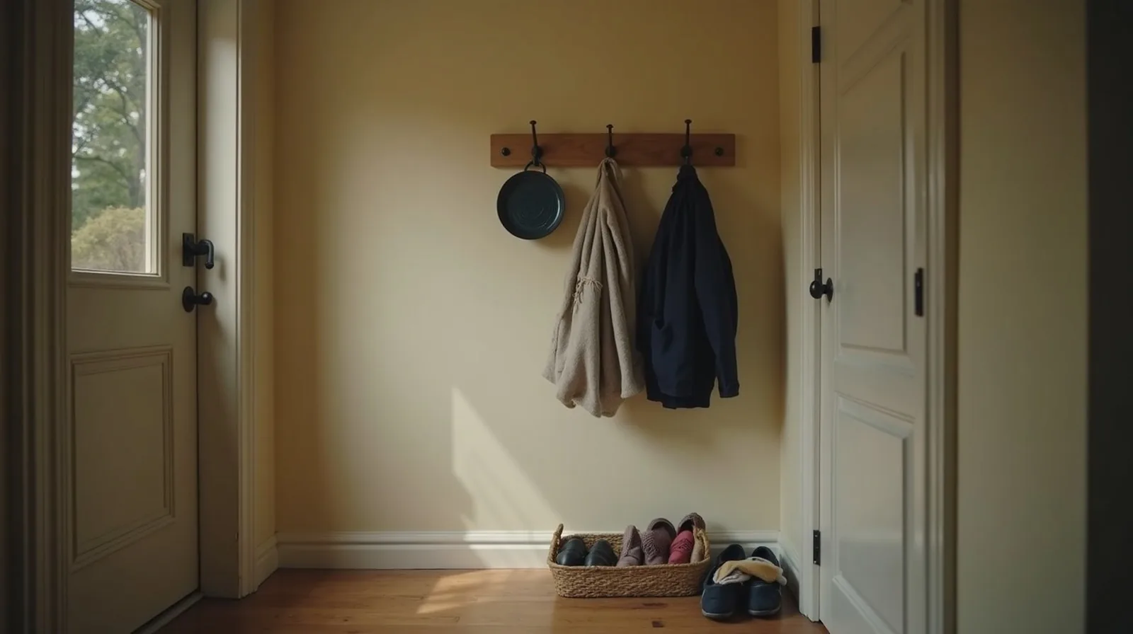 A tidy entryway with wall hooks holding bags, a small tray on a shelf, and a basket for shoes by the door