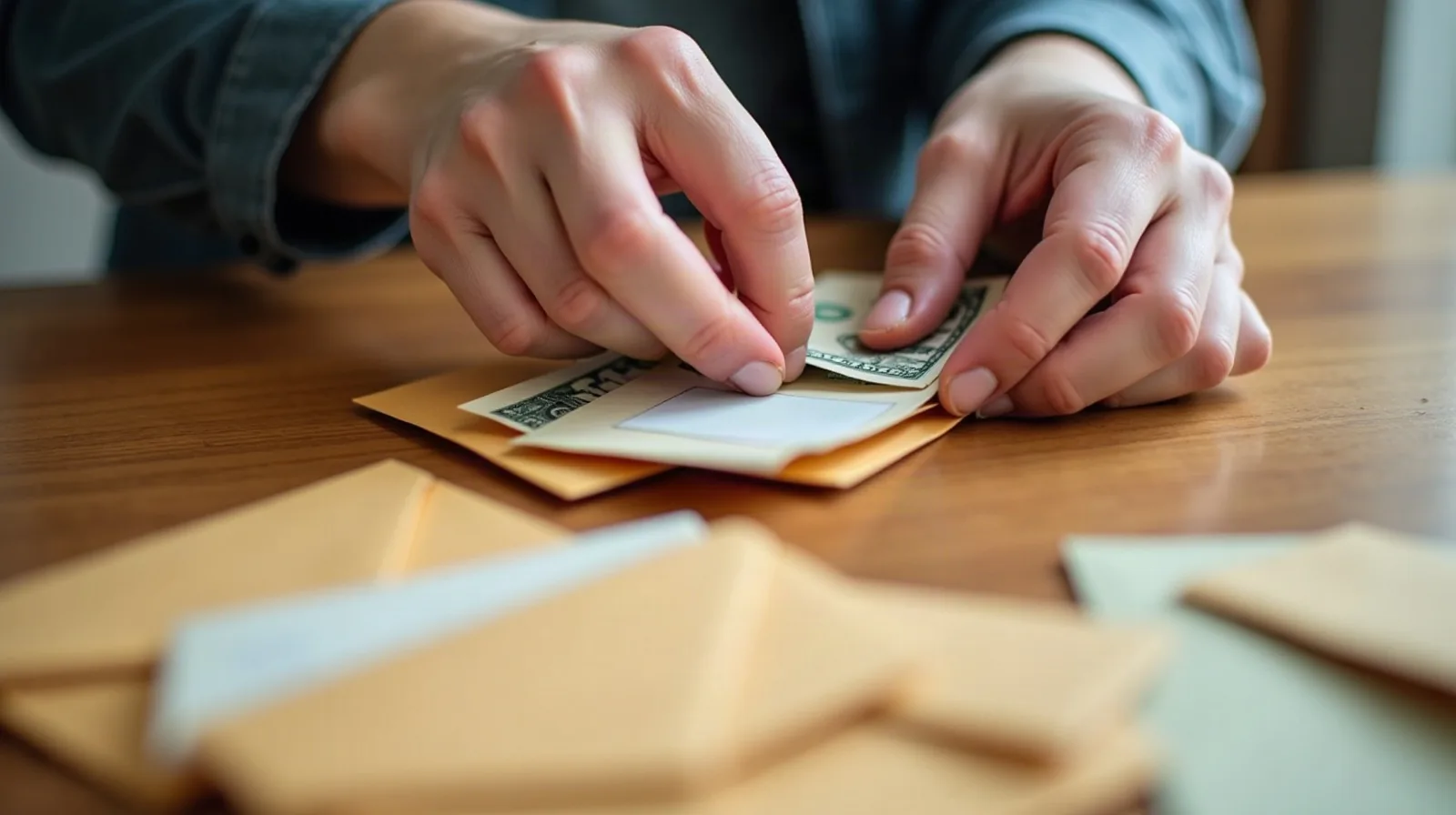 A close-up of a hand tucking a folded bill into a small cash envelope on a wooden dining table, a few other envelopes fanned loosely nearby, bright morning light