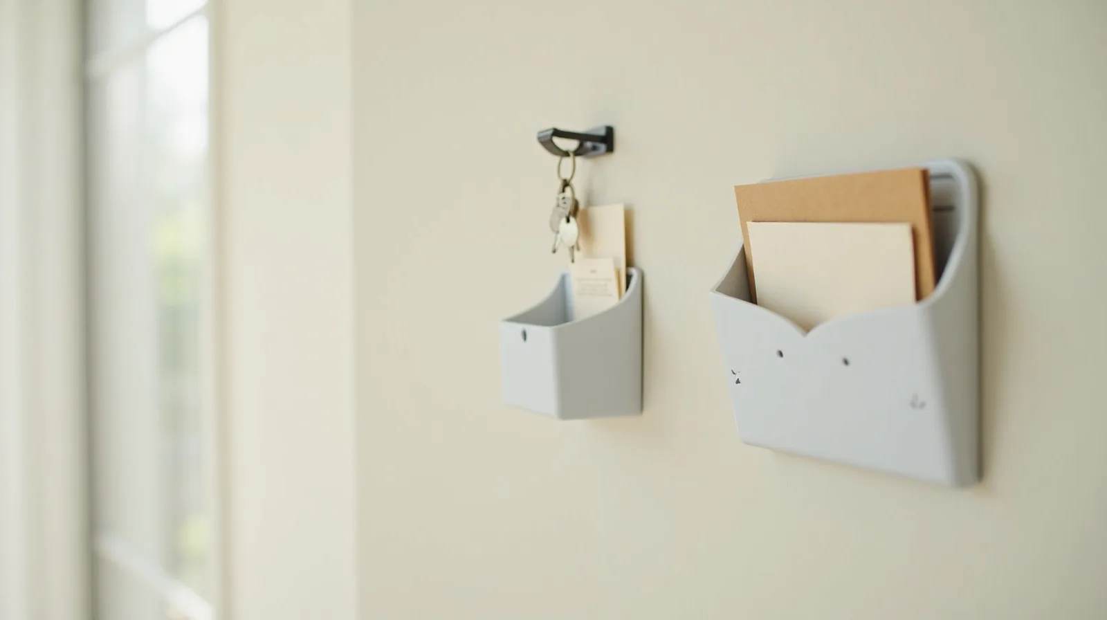 A close-up of a wall-mounted key rack and a small wall pocket organizer holding mail and folded notes by a bright entry wall