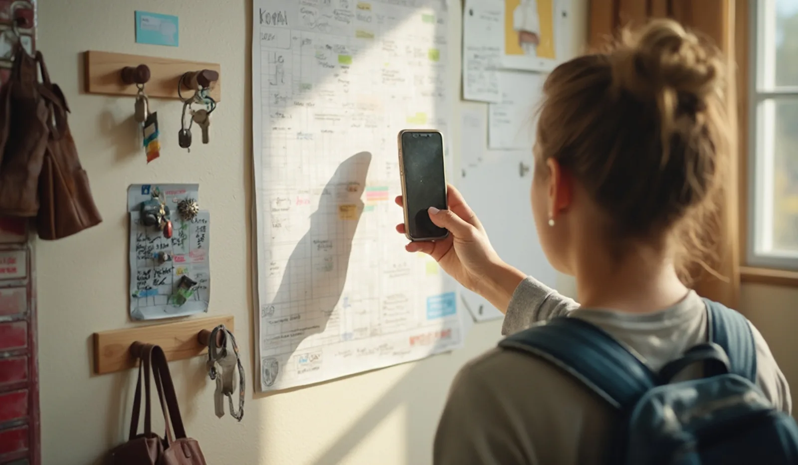 A family wall command center by a bright entryway with a large wall calendar, hooks holding bags and keys, and a small mail tray, with a hand pinning up a note