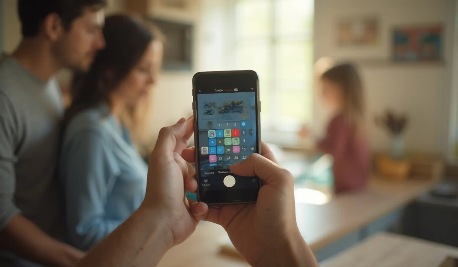 A candid photo of a phone showing a generic shared calendar grid held in a kitchen