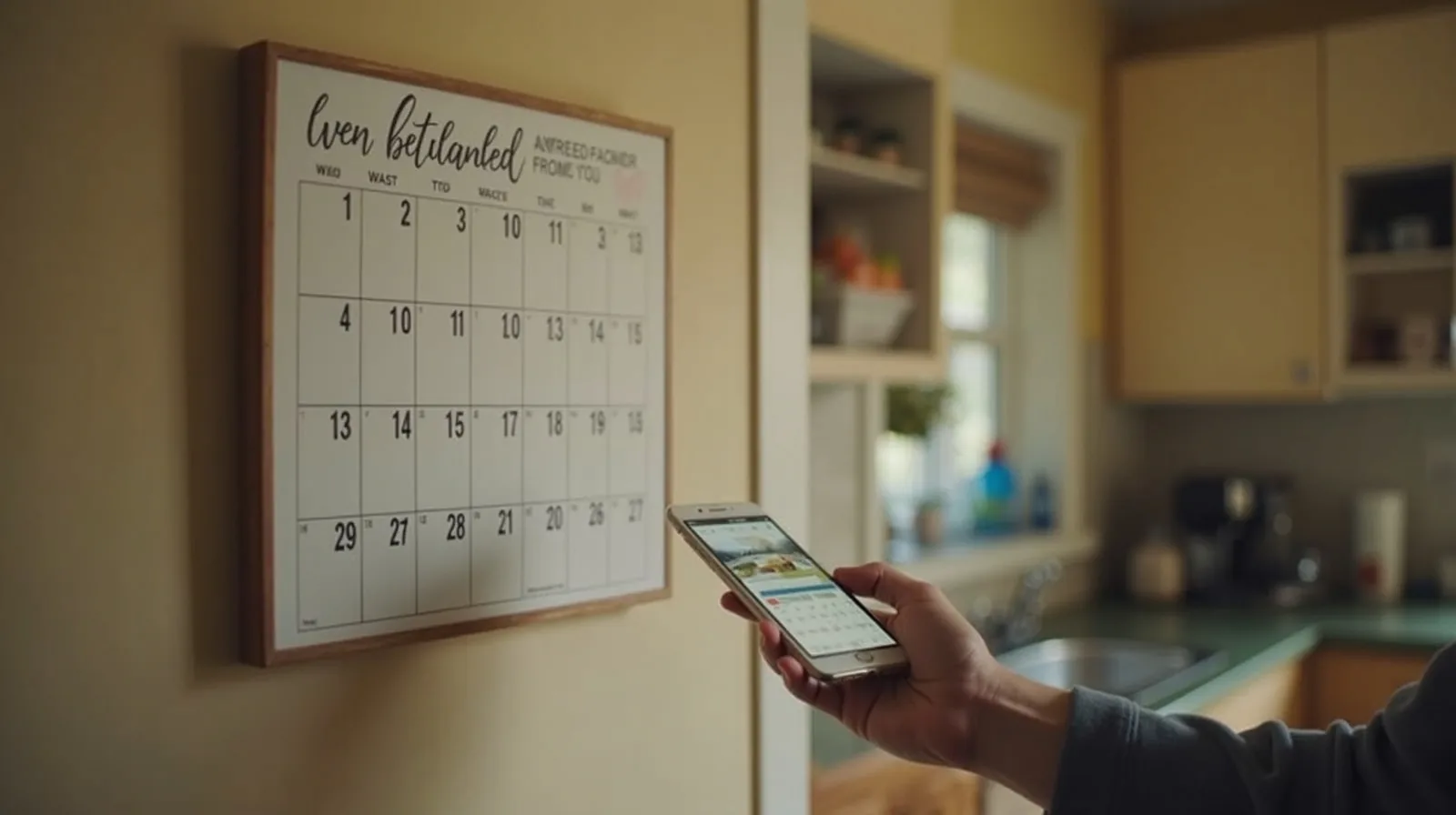 A shared family wall calendar on a kitchen wall with a phone held up beside it