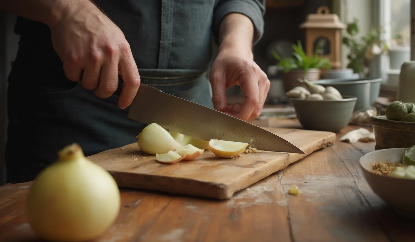 Hands using a claw grip to slice an onion on a wooden board, seen close and from the side