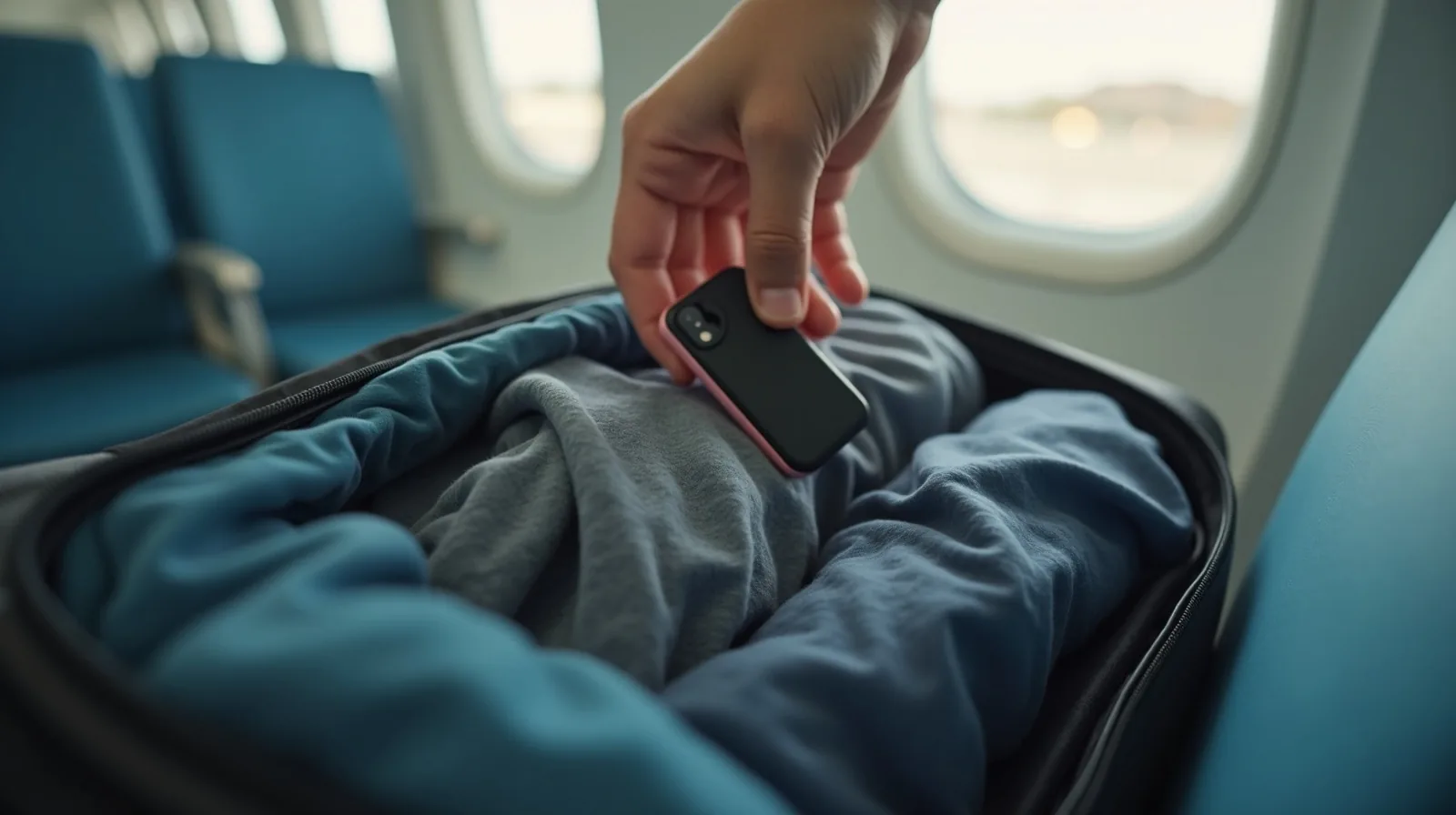 A close-up of a hand pulling a portable phone charger and a folded change of clothes from a packed airplane carry-on bag