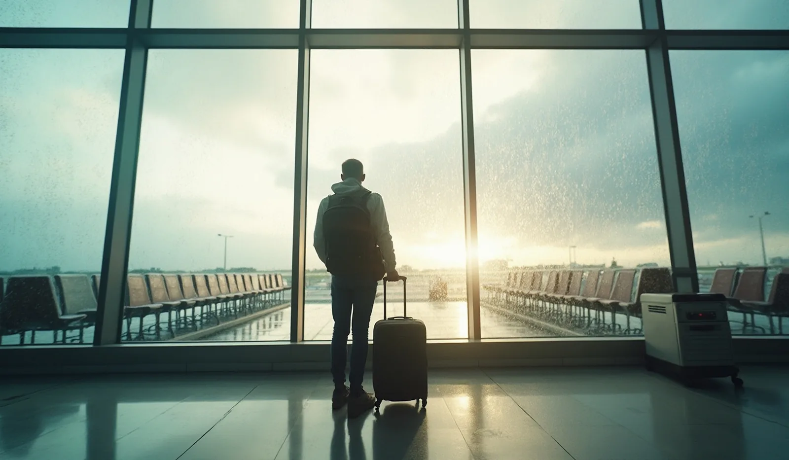 A traveler seen from behind at a rain-streaked airport gate window, a rolling suitcase parked beside them and rows of empty gate seating stretching into soft focus