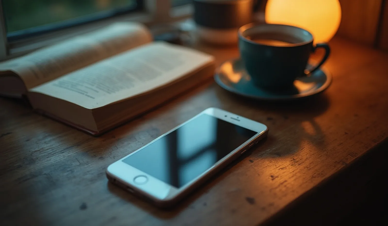 A phone lying face-down on a wooden table beside a book and a mug in the evening