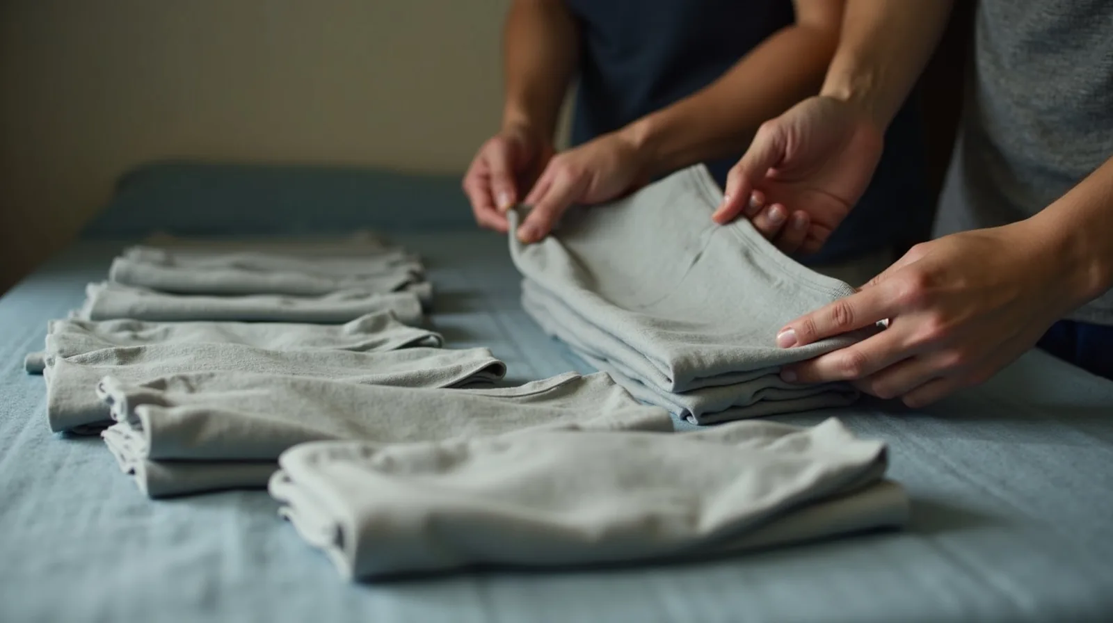 Hands file-folding a t-shirt into a standing bundle on a bed beside a row of folded files