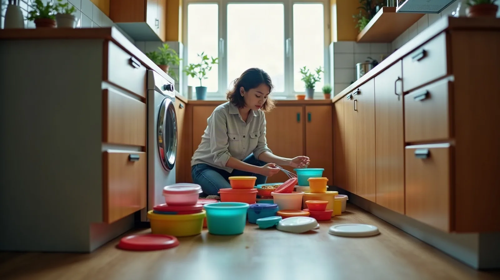 A person kneeling on a sunlit kitchen floor beside an open, emptied lower cabinet, cropped from the shoulders down, building stacks of matched food storage containers amid a sprawl of loose lids