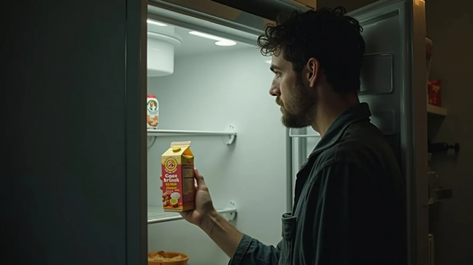 A person checking a carton of food by sight and smell at an open fridge