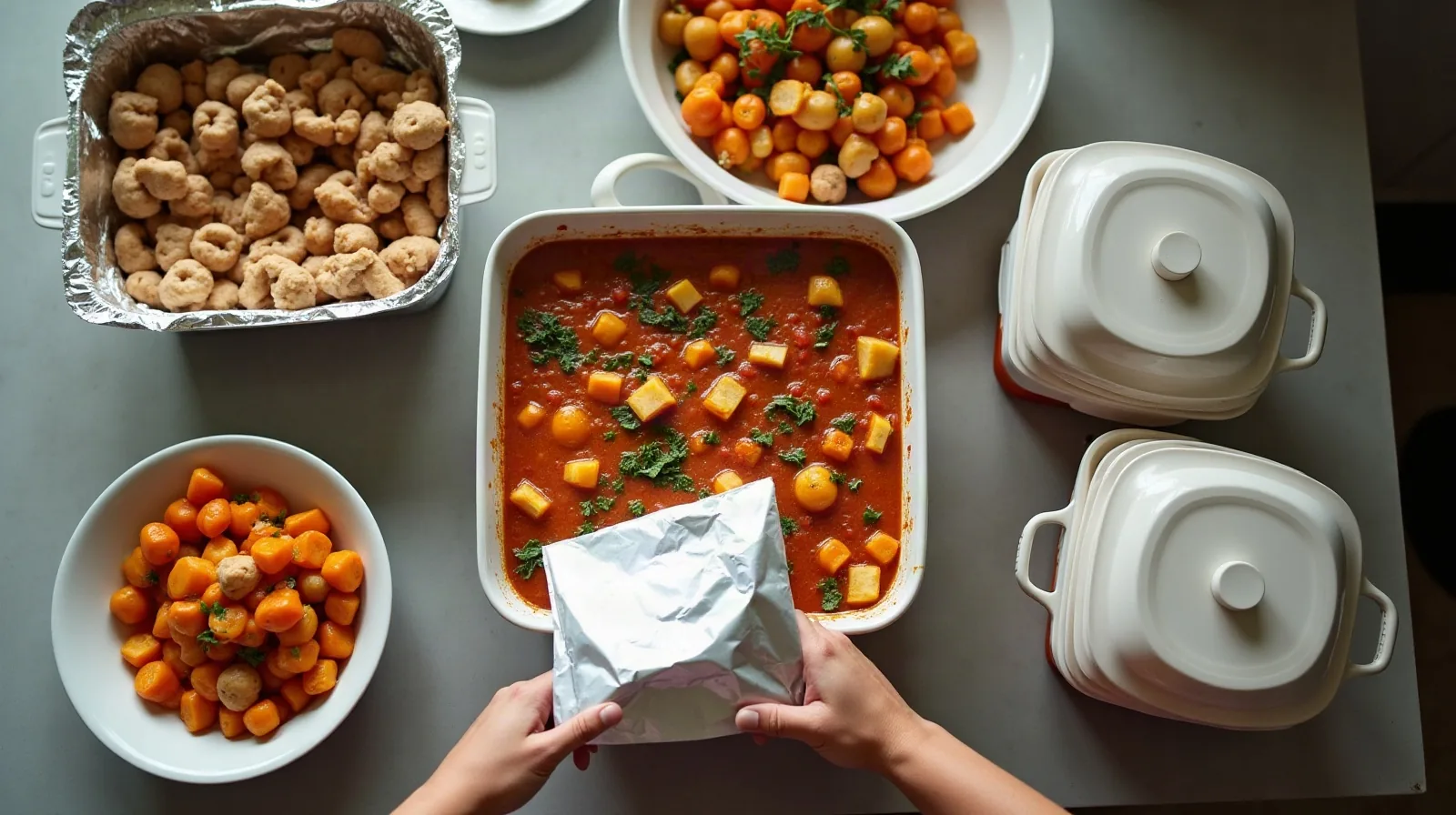 A kitchen counter spread with several covered serving dishes after a family dinner, a hand pressing a sheet of foil over one dish while two others sit uncovered nearby, a stack of clean containers waiting to be filled