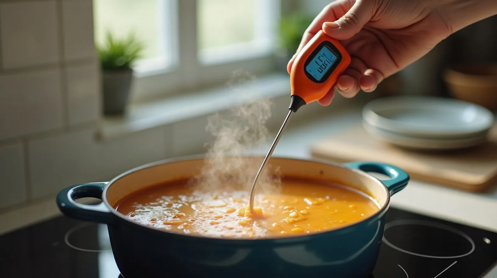 A hand holding a digital instant-read thermometer probe into a large pot of soup simmering on a stovetop, steam curling up, a ladle resting in a spoon rest and a stack of empty bowls waiting on the counter nearby