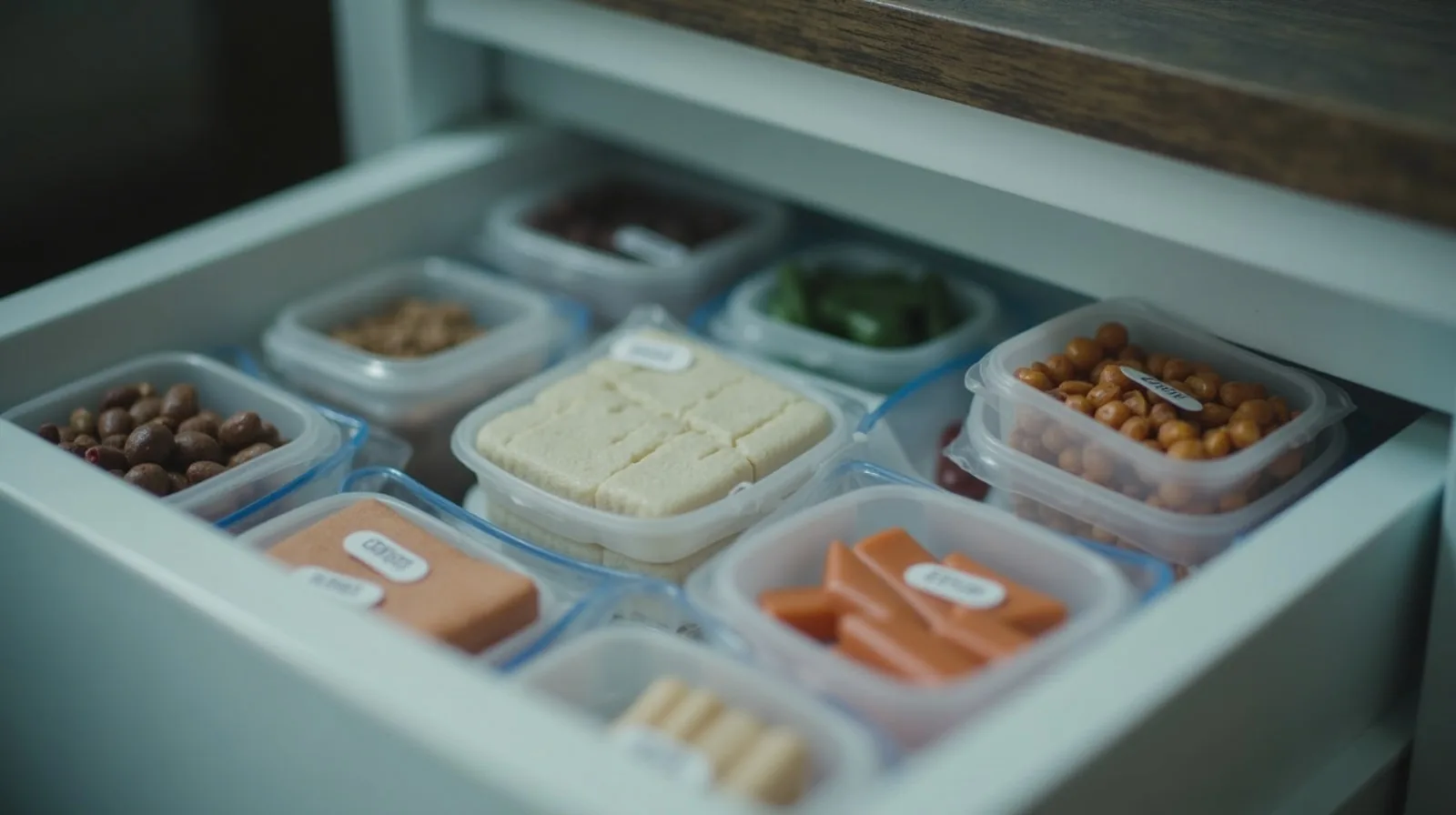A close-up of stacked freezer containers and labeled bags of food in an open freezer drawer