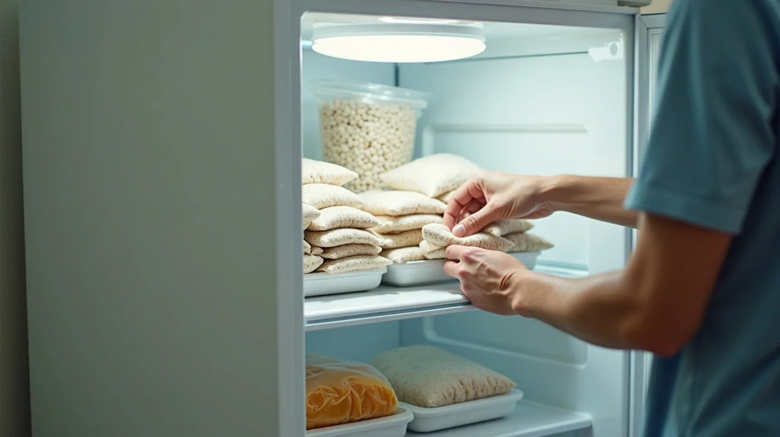 An open upright freezer packed with neatly stacked bags filed upright in bins, a hand placing one in