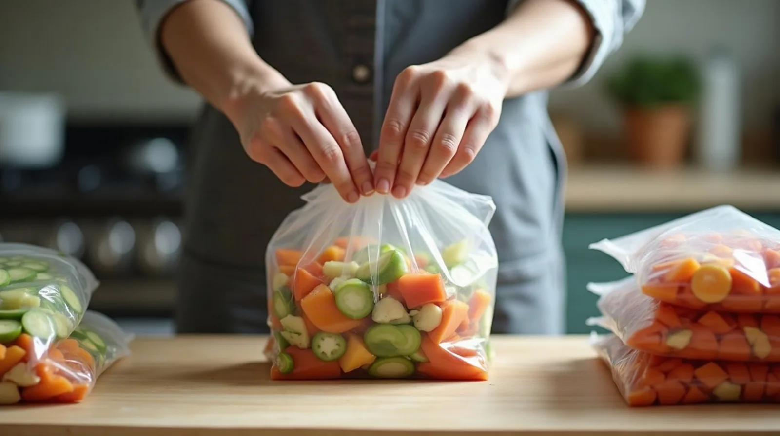 A hand spreading blanched vegetable pieces in a single layer across a parchment-lined baking sheet on a kitchen counter, ready for the freezer