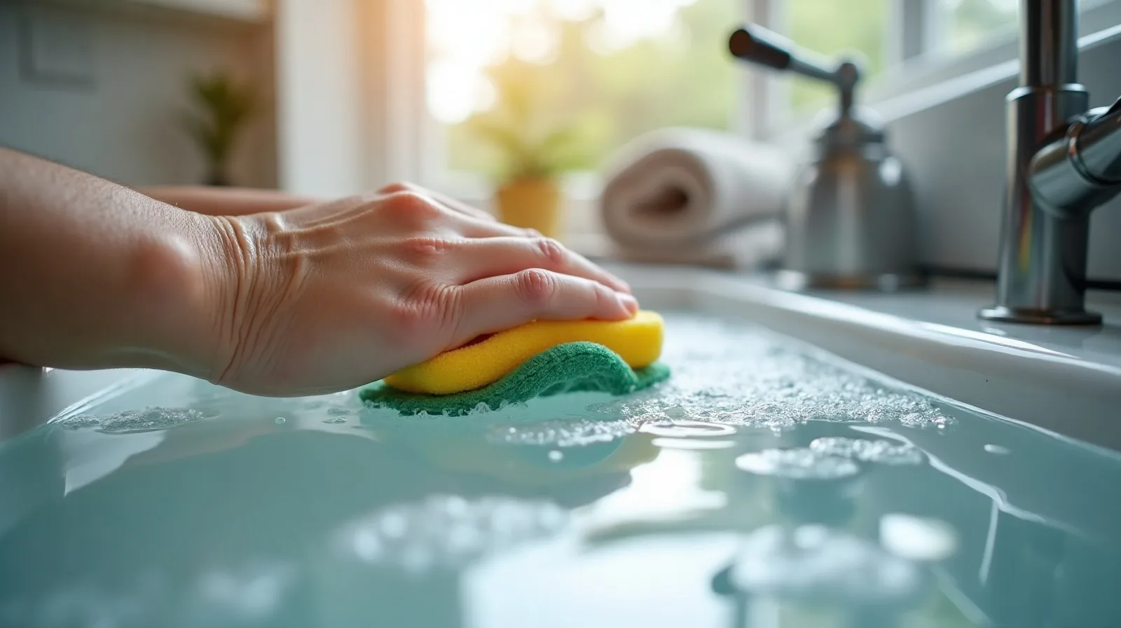 A close-up of a hand scrubbing a wet glass refrigerator shelf with a sponge in a sink full of soapy water, sunlight catching the water droplets