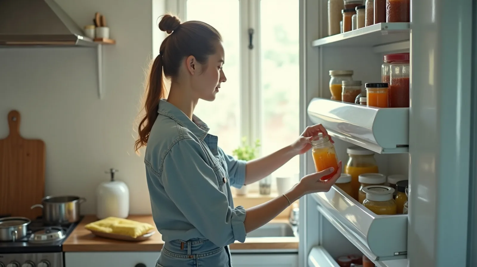 A woman in profile beside an open refrigerator, holding up a jar to check it as she sorts through shelves stocked with jars and containers, bright window light in the kitchen behind her