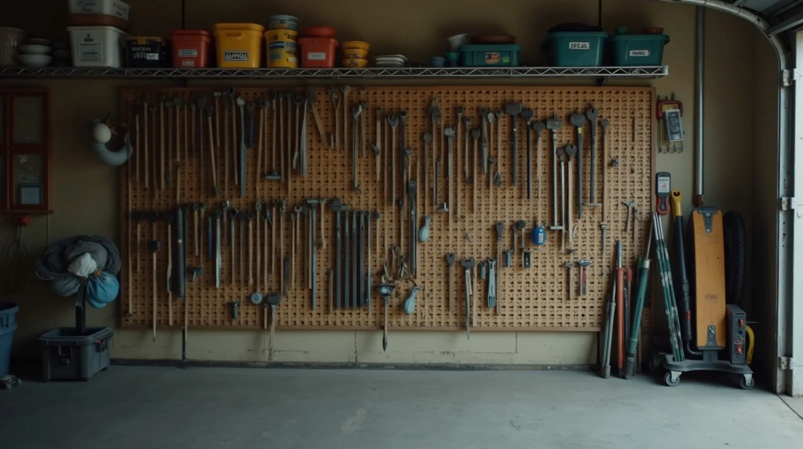 An organized garage wall with tools hung on a pegboard and labeled bins on shelves above