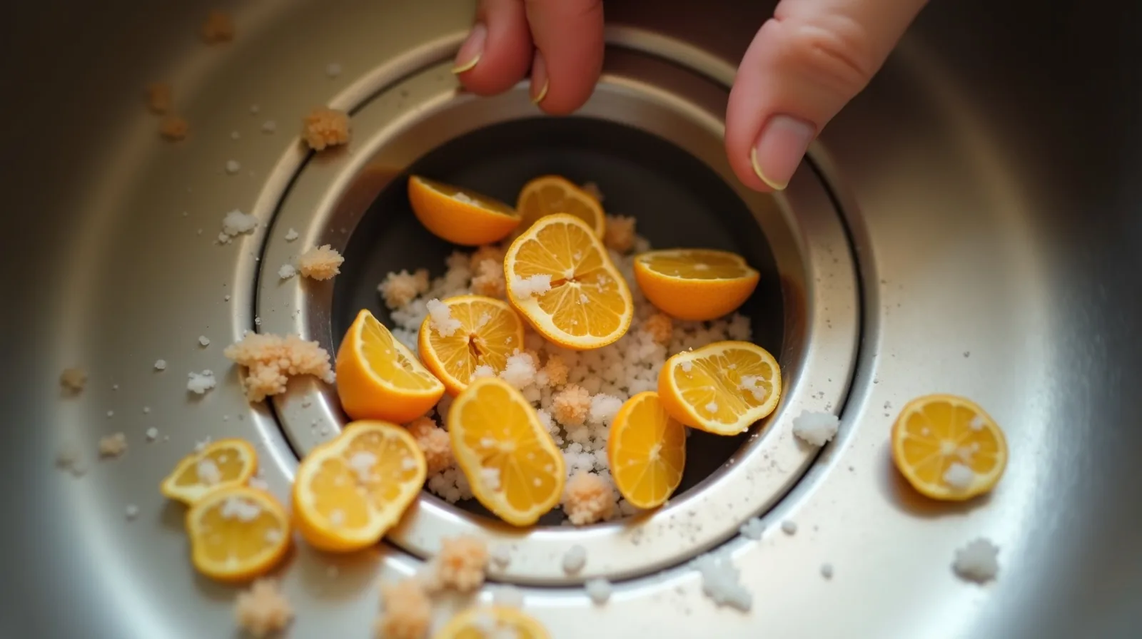 A close-up of citrus peels and coarse salt scattered at the dark opening of a kitchen sink garbage disposal, a hand entering the frame from the side