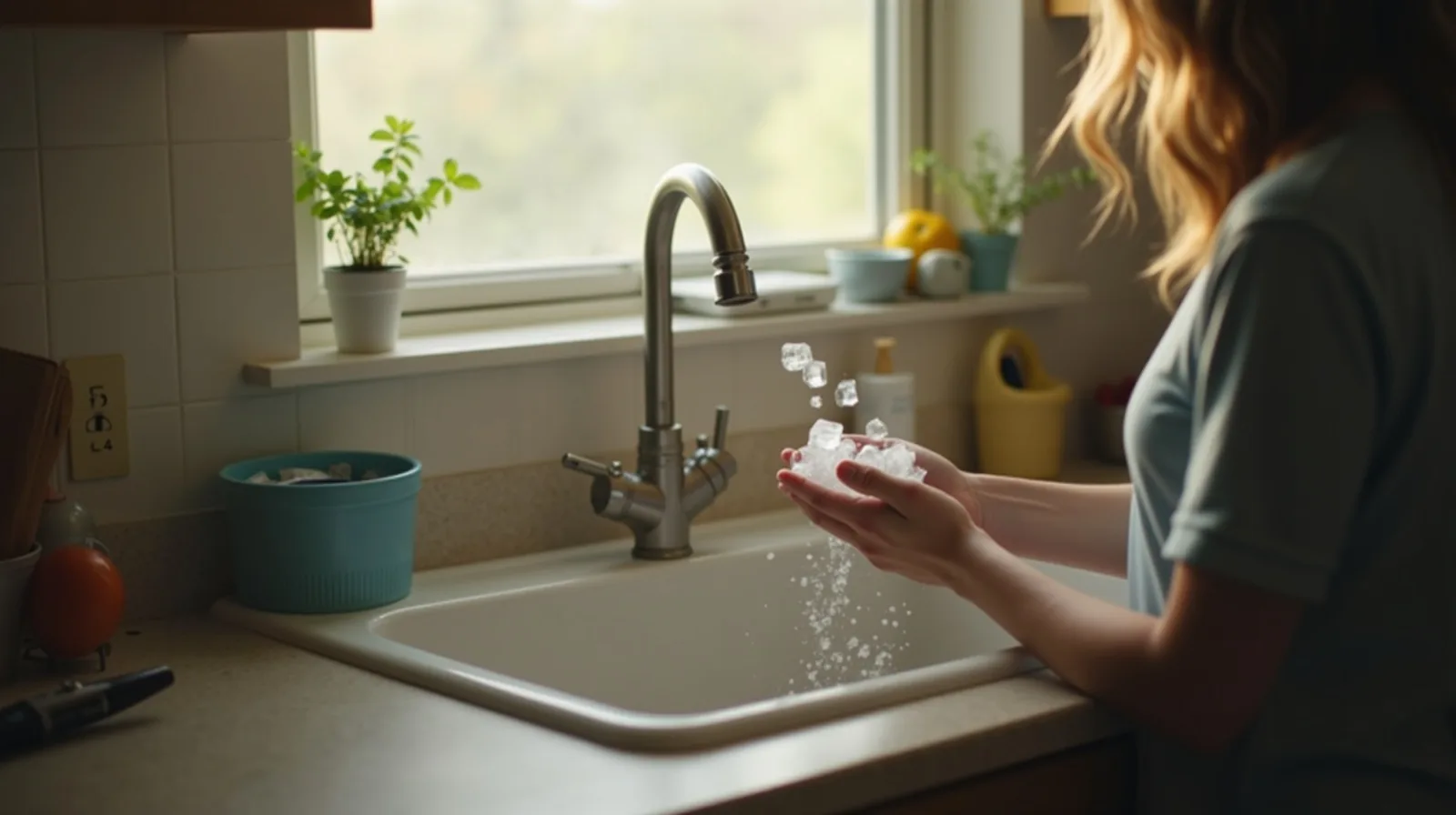 A person seen from behind at a kitchen sink dropping a handful of ice cubes into a running garbage disposal drain, morning window light