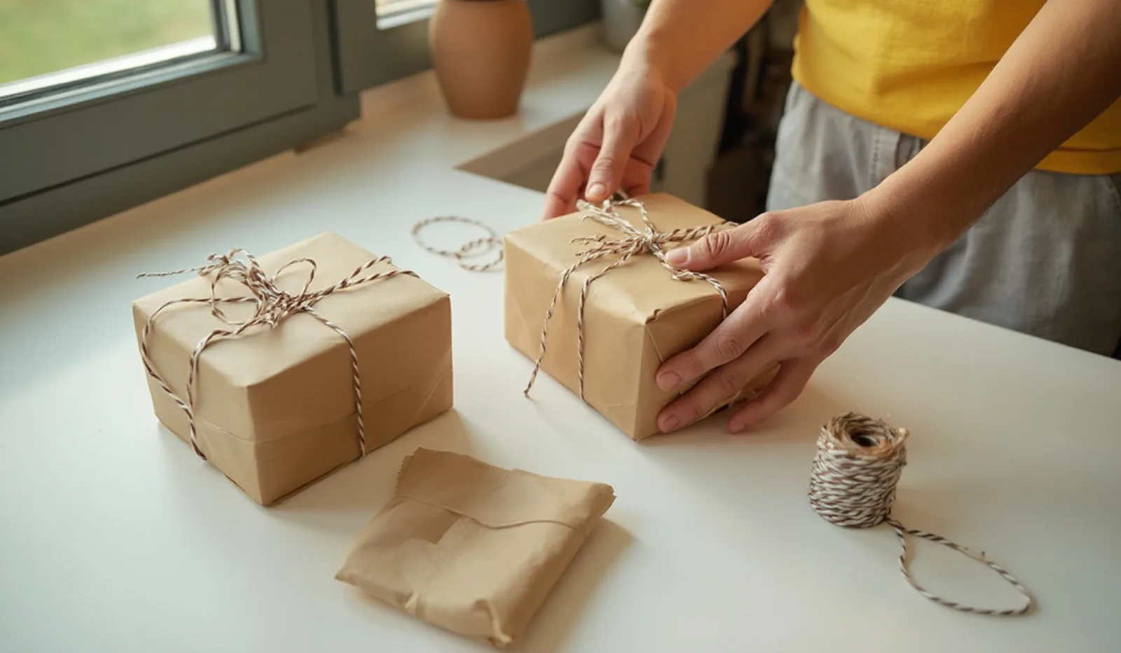 Hands wrapping a small gift in plain kraft paper on a bright table, a list and twine nearby