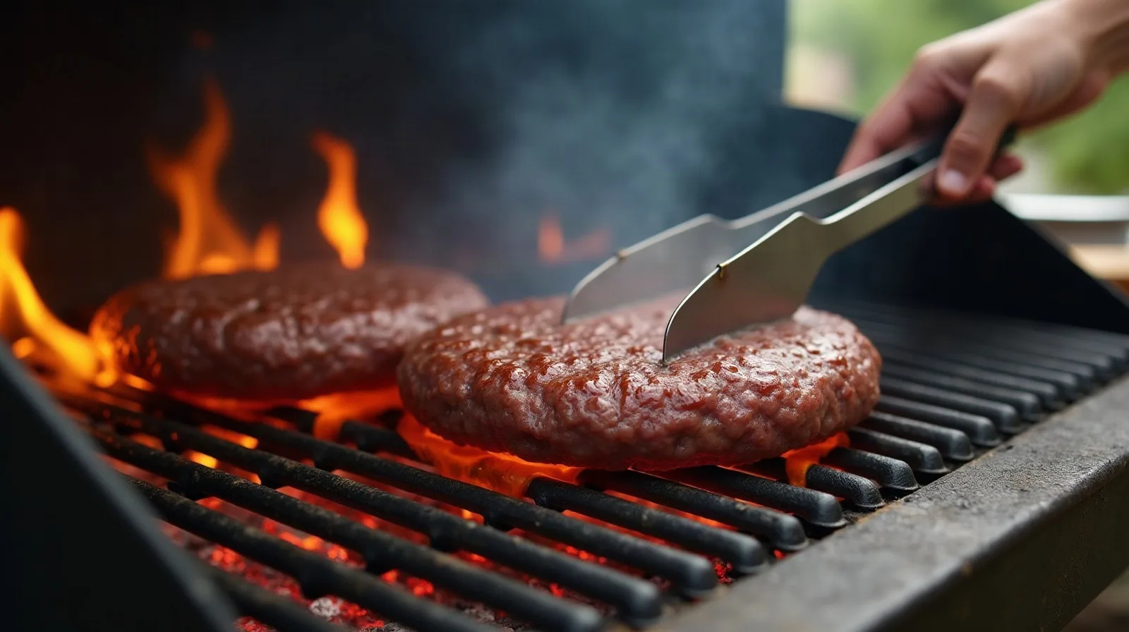 A close-up of two burger patties on a hot grill grate, a hand using tongs to lift one patty as flames rise up around both from dripping fat below