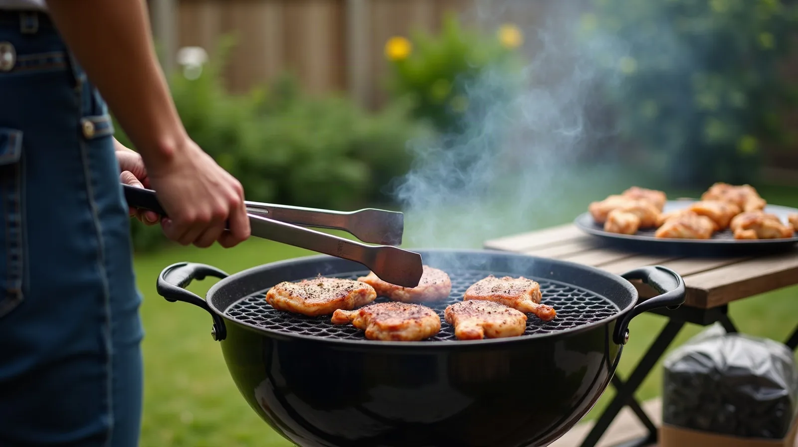 A person seen from behind at a charcoal grill in a backyard, using long-handled tongs to bank a mound of glowing coals to one half of the grate, a platter of raw seasoned chicken thighs and a closed bag of charcoal resting on a small table beside the grill