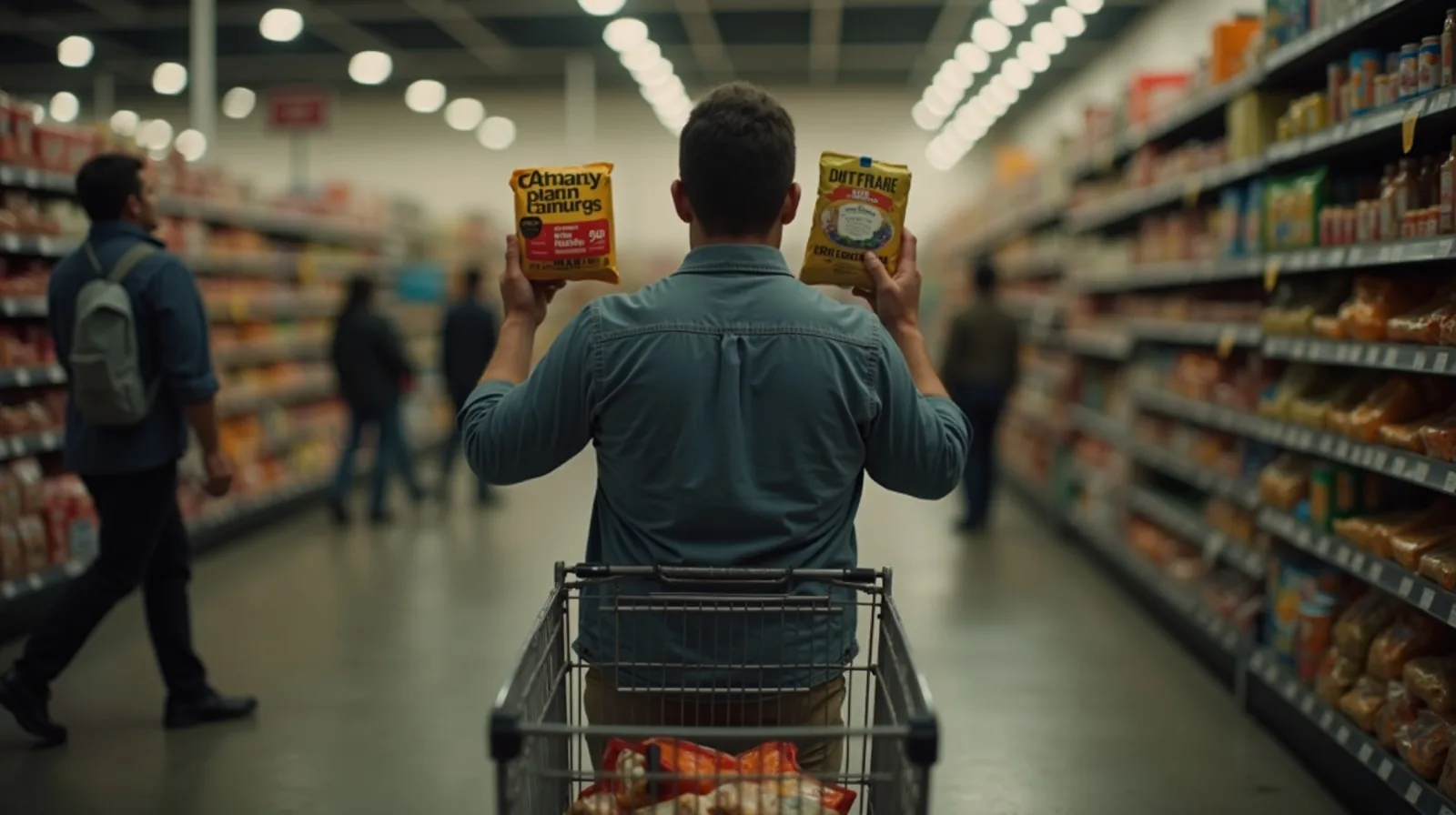 A shopper from behind comparing two packages in a store aisle, cart in the foreground