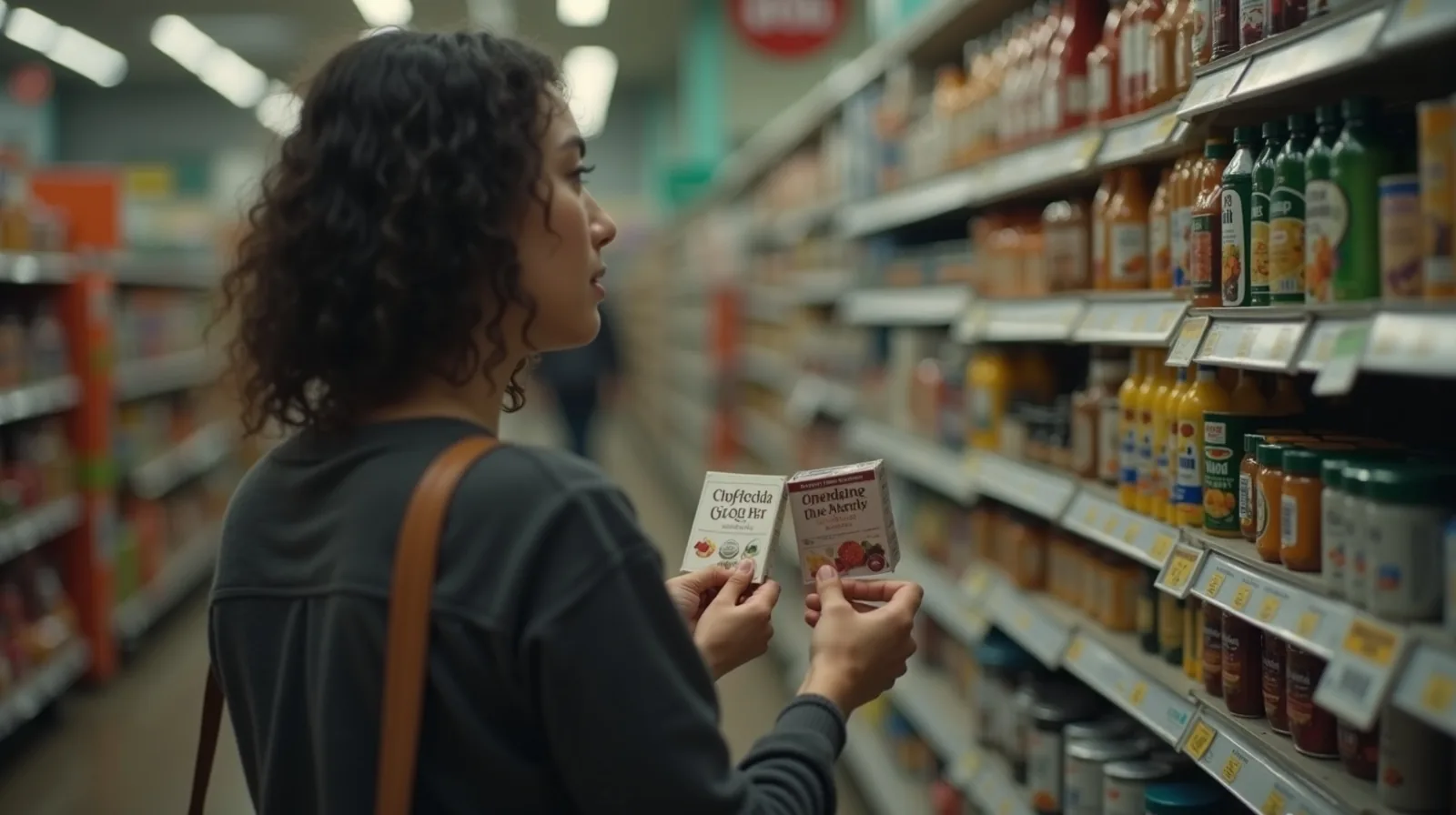 A shopper from behind comparing the shelf tags of two products in a store aisle