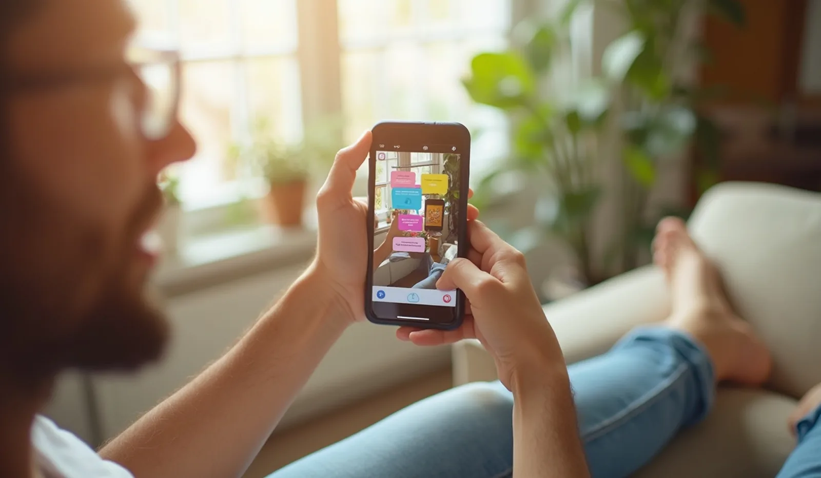 Looking down at a hand holding a phone that shows a busy, colorful abstract chat-bubble layout