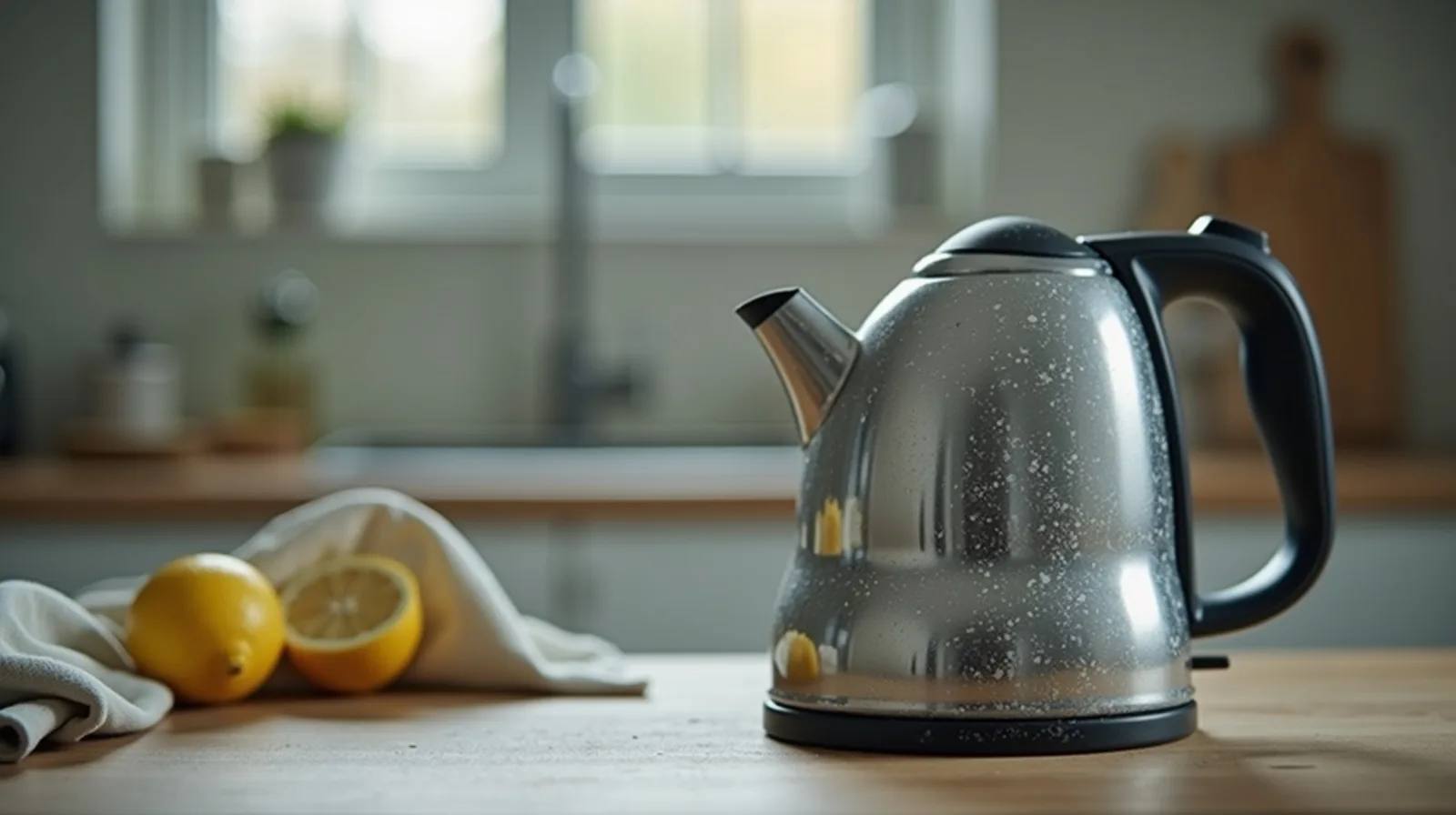 A close-up of a chrome kettle and faucet marked with chalky white limescale, a cloth and halved lemon nearby