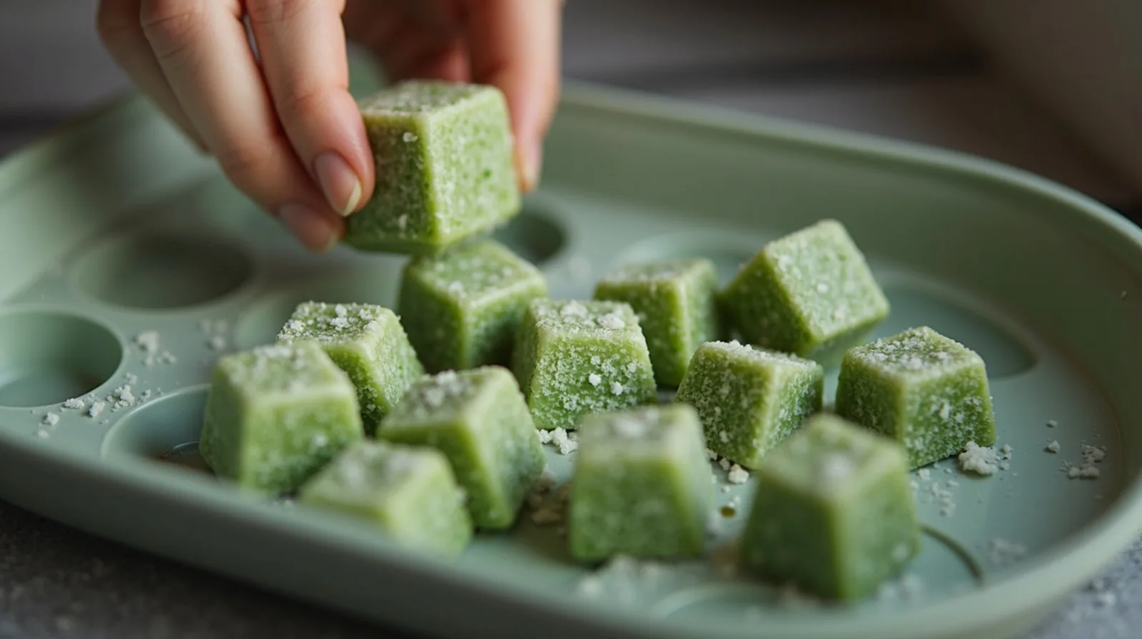 A close-up of frozen green herb-and-oil cubes turned out of a tray into a small bowl