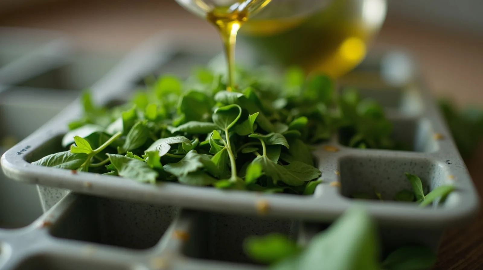 A close-up of chopped green herbs packed into an ice-cube tray topped with oil