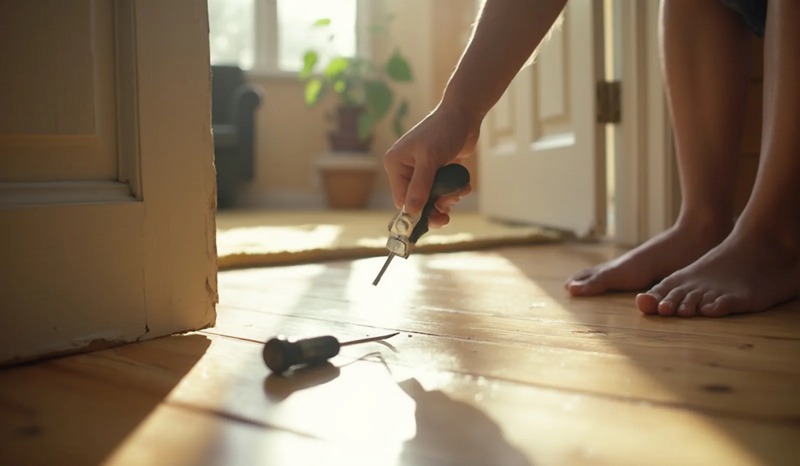A hand reaching down with a screwdriver beside a dropped screwdriver on a sunlit hardwood floor by an open door, bare feet visible nearby