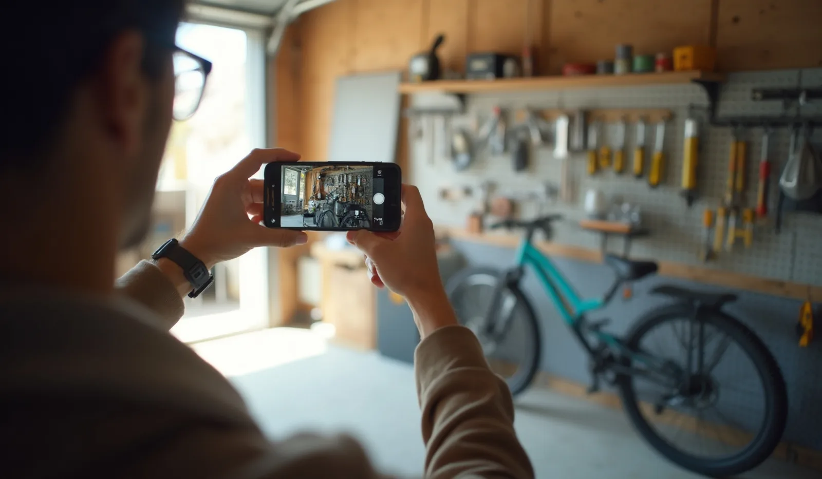 A person seen from over the shoulder in a sunlit garage, holding up a phone to photograph a pegboard wall of tools with a bike leaning nearby