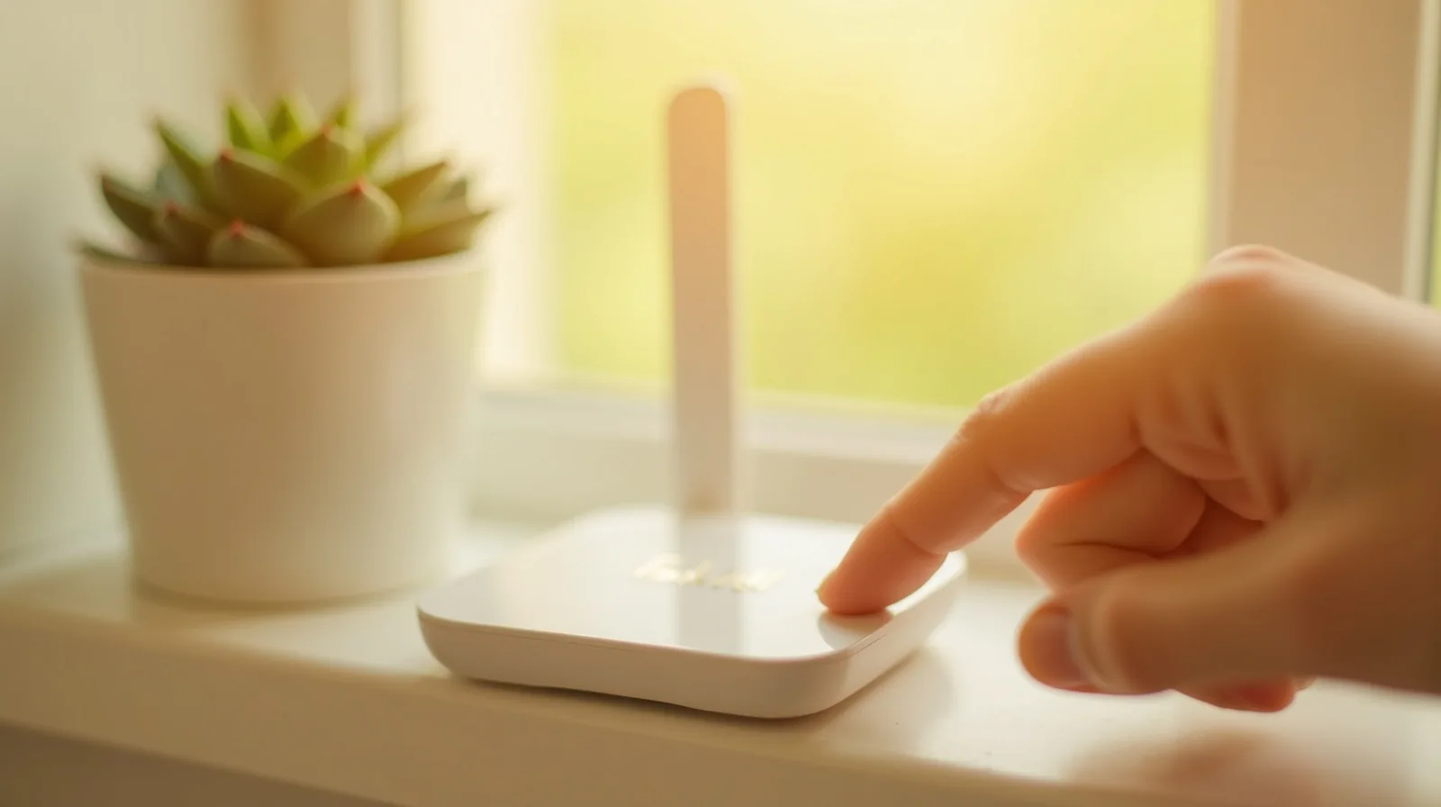 A close-up of a hand adjusting the antenna on a small home Wi-Fi router on a sunlit shelf, a blurred houseplant in the soft background
