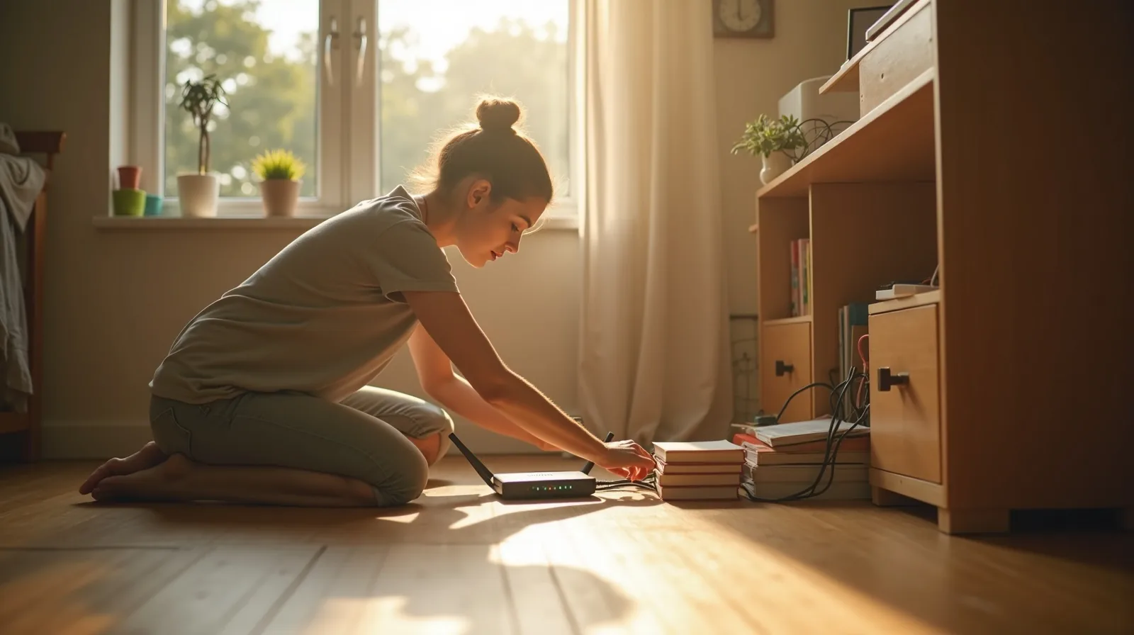 A person kneeling in a sunlit home office corner, checking the blinking lights on a small Wi-Fi router tucked beside a stack of books