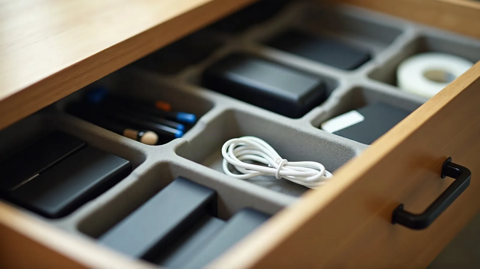A close-up of an open desk drawer fitted with small tray dividers holding a stapler, a tape dispenser, a few pens, and a coiled charging cable secured with a reusable tie, morning light falling across the drawer