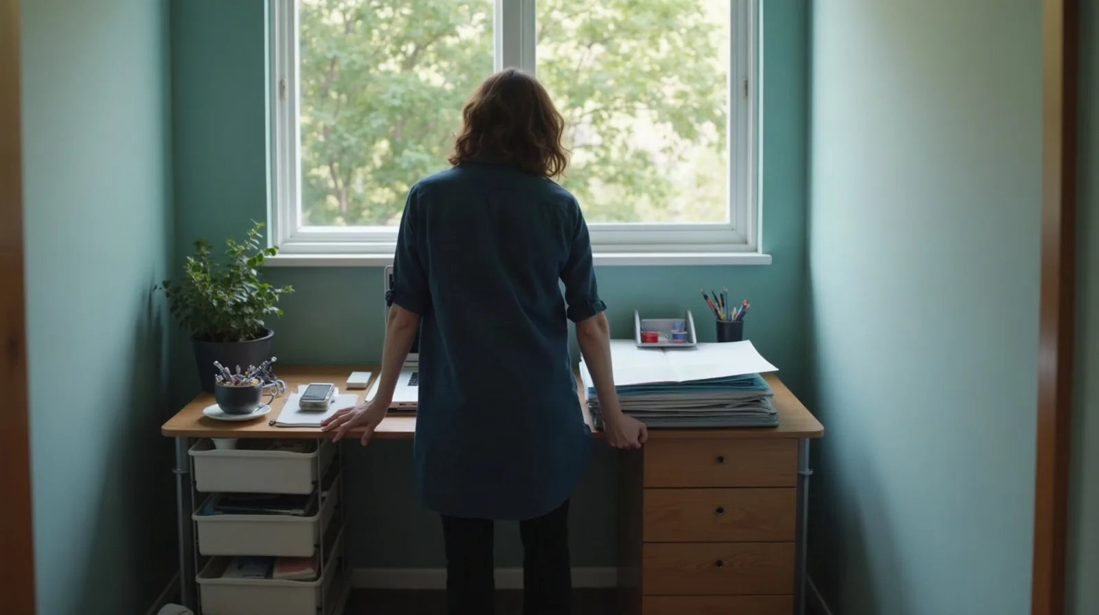 A person seen from behind organizing a narrow home-office nook built into a bedroom alcove, sliding a small stack of folders and a pen tray onto an otherwise clear desk, a rolling storage cart with fabric bins parked within arm's reach and a cord clip holding a charging cable off the floor