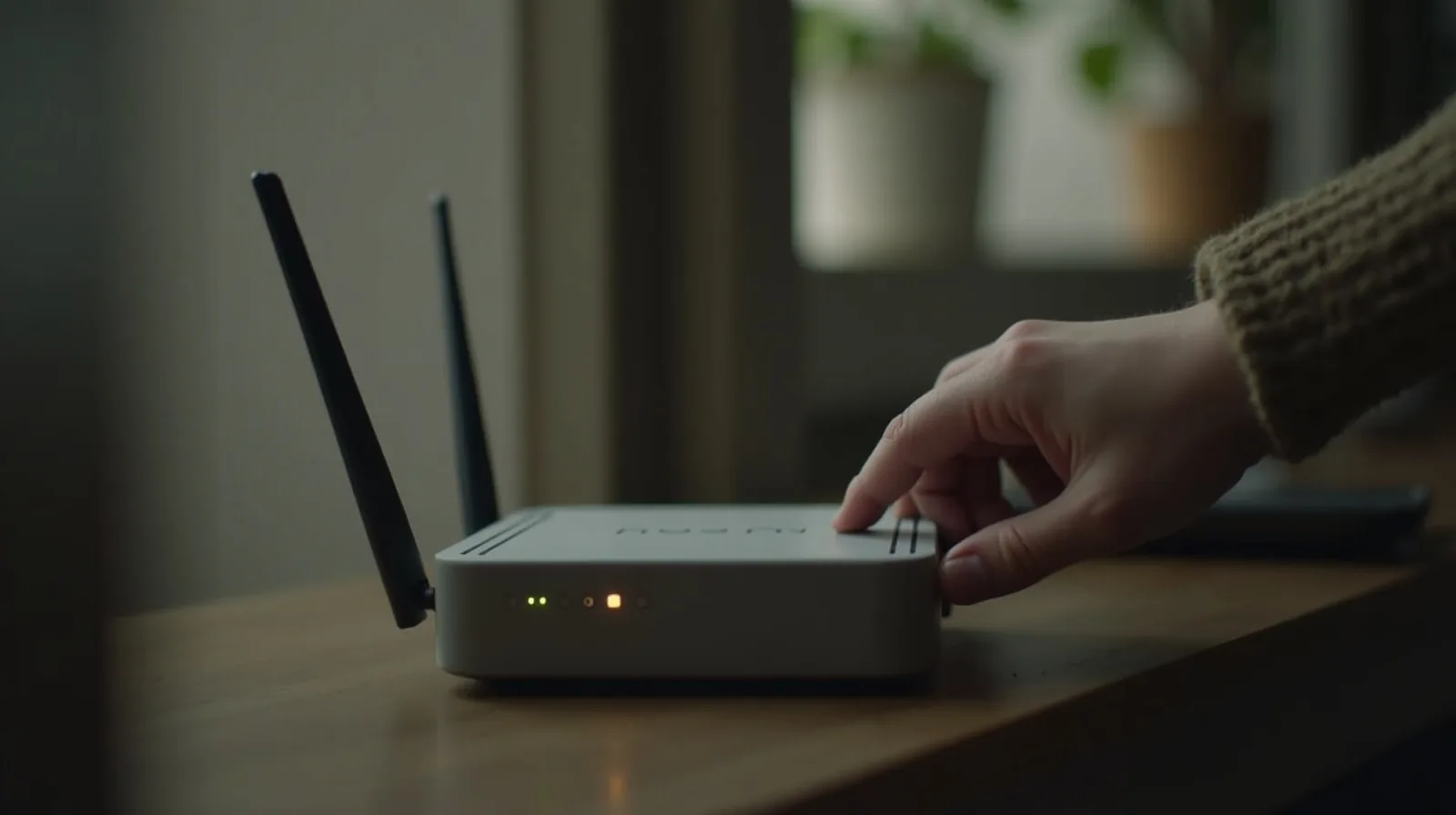 A home Wi-Fi router on an open shelf with a hand adjusting its antenna