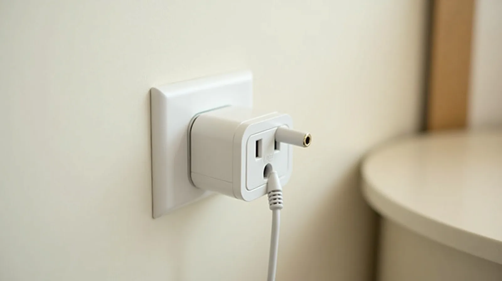 A close-up of a white wall outlet with a forgotten phone charger still plugged in beside a hotel bedside table