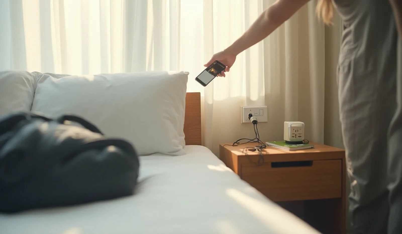 A hand pulling a phone charger from a wall outlet beside a hotel nightstand during a final room check