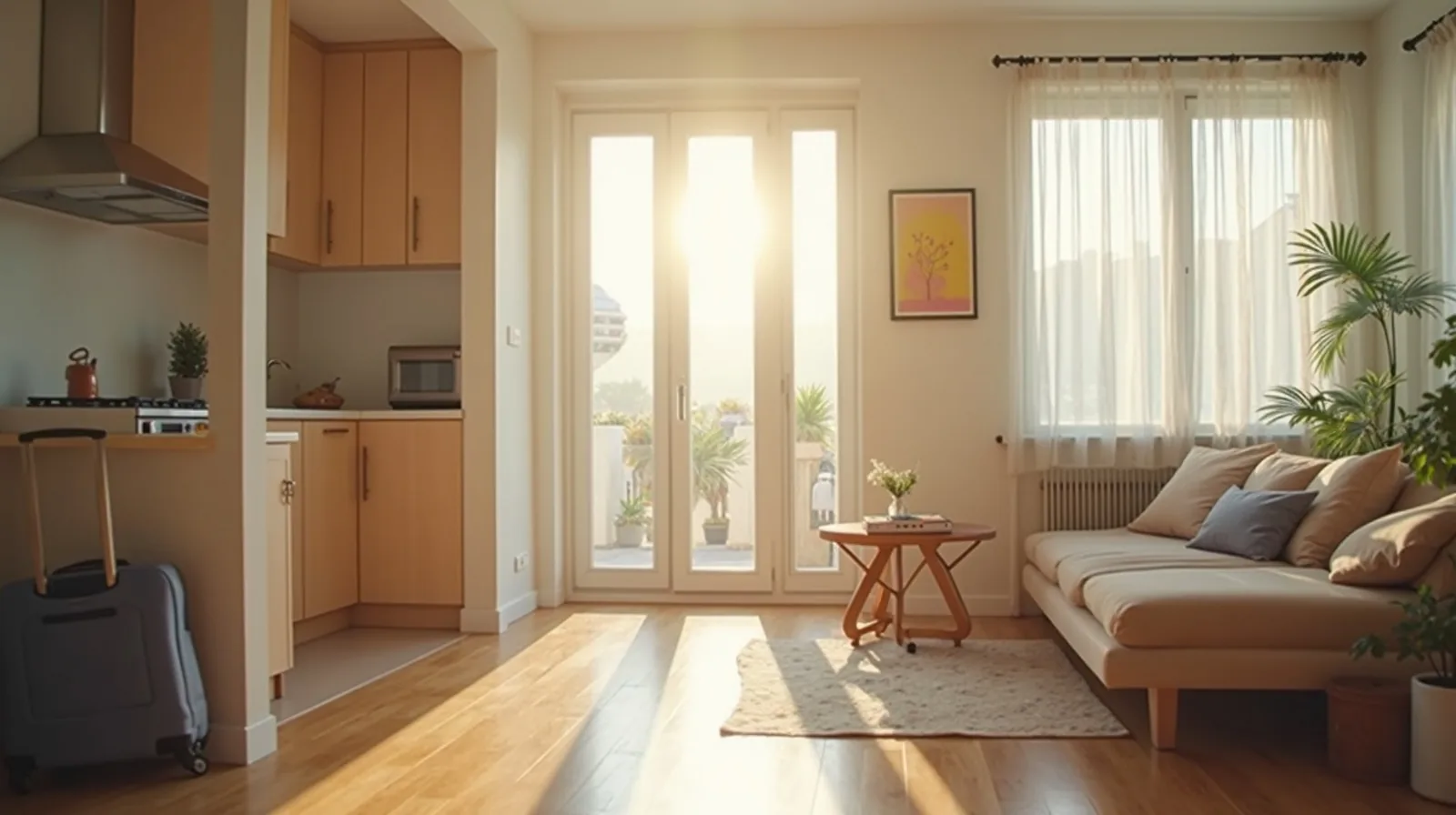 A bright vacation rental living space with a kitchen and couch, luggage by the door