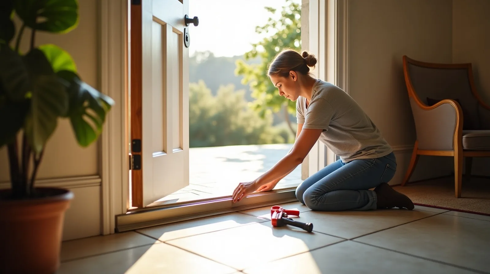 A person kneeling in profile at a sunlit front door threshold, pressing a self-adhesive door sweep along the bottom edge of an exterior door, a small caulk gun and rag resting on the floor beside them