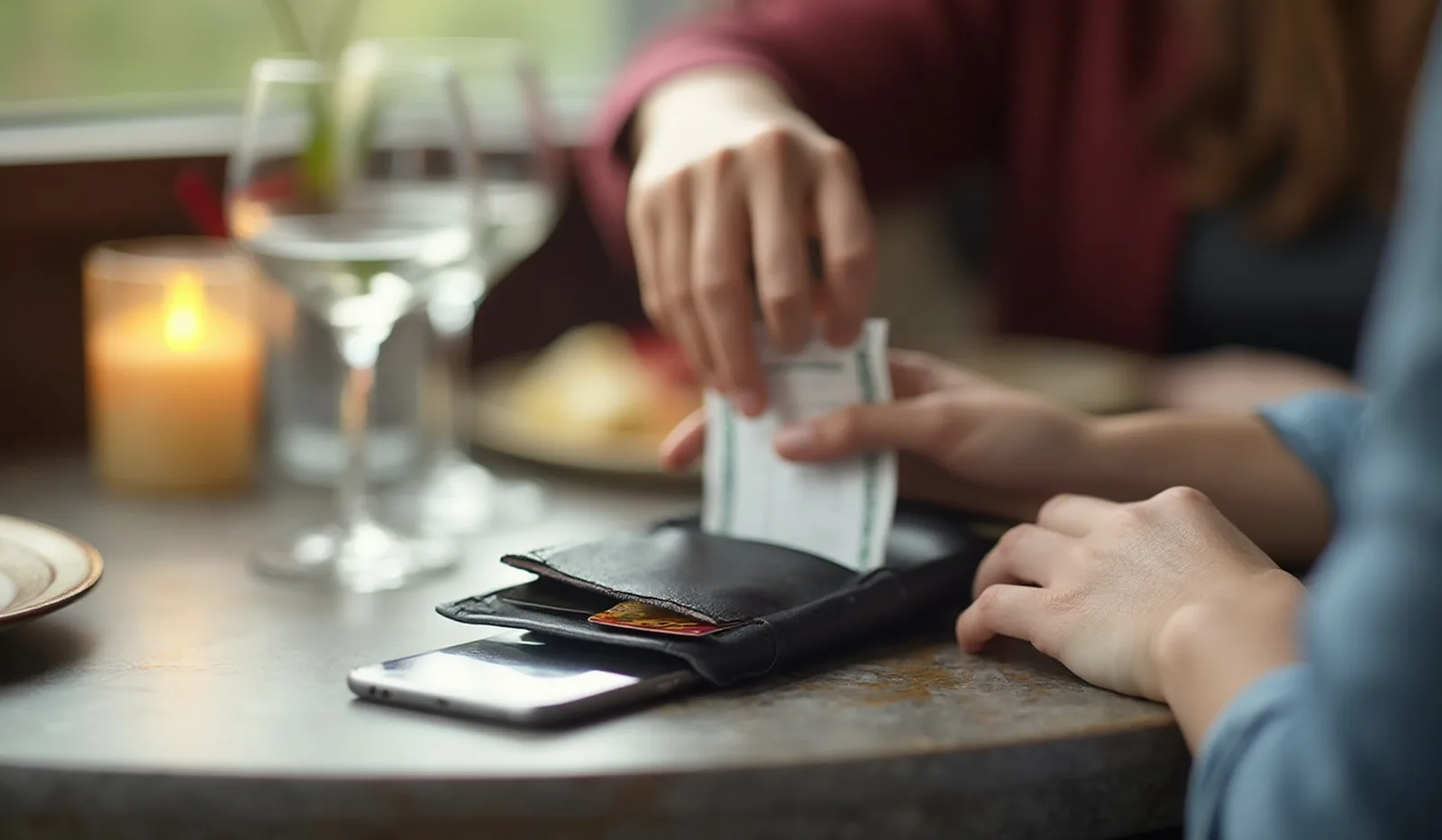 A hand tucking two folded bills into a black leather check presenter on a candlelit restaurant table, a credit card receipt tucked into the other pocket, two half-finished water glasses softly blurred nearby